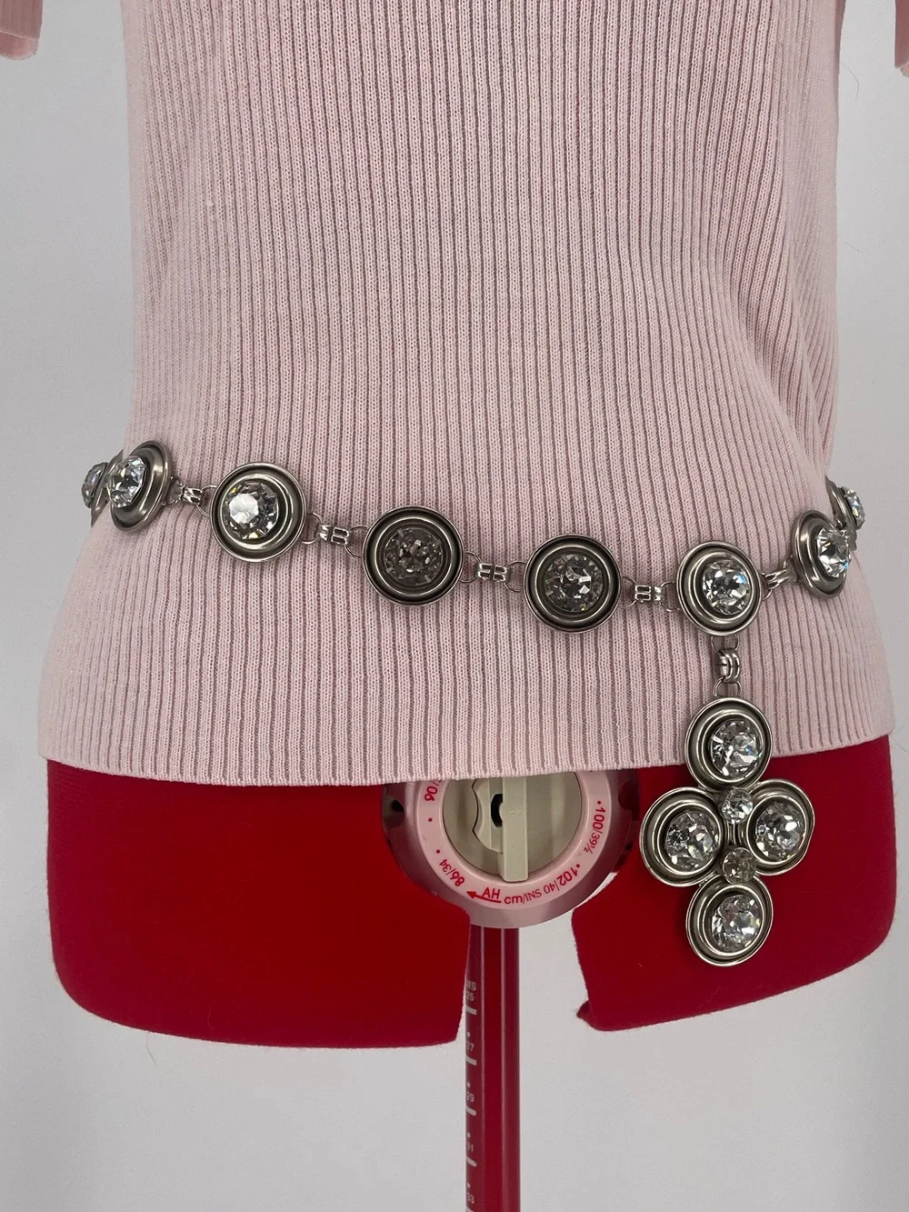 Vintage Chunky Silver Tone Rhinestone Chain Belt Cross Charm Alternative Style